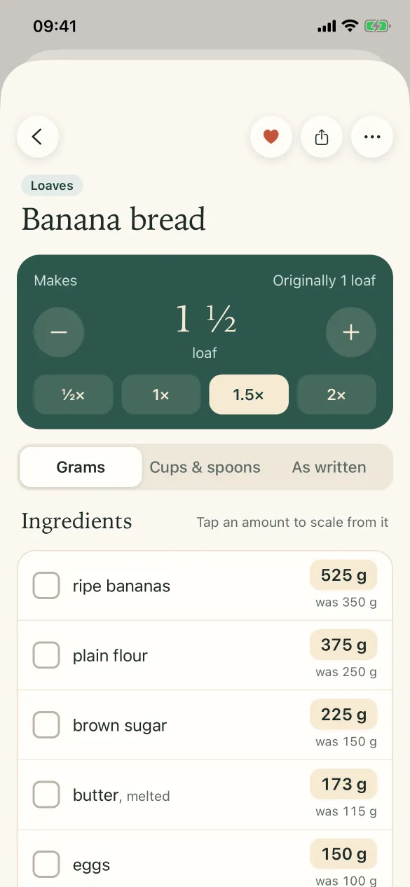 The iDoughMath recipe screen for banana bread set to 1½ loaves. Each ingredient shows its new weight and what it was, for example plain flour 375 g, was 250 g.
